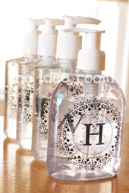 16. Easy Monogrammed Soap Bottle
That monogram is actually on the inside of the bottle. It’s printed on transparent overhead paper and then interested into the bottle.