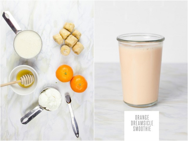 To make it, blend together:
	•	1 frozen banana
	•	1 orange, peeled or 1 clementines, peeled
	•	1/2 cup plain Greek yogurt
	•	1/2 teaspoon vanilla extract
	•	1 cup unsweetened milk (nut, soy, animal)
	•	Honey or maple syrup, to taste