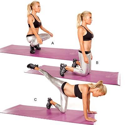 Grand plie with kick

Targets back, chest, arms, abs, glutes, inner thighs, quads and hamstrings