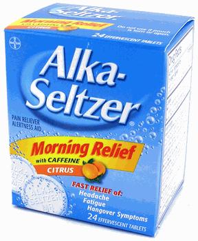 Try Alka-Seltzer Morning Relief. These tablets contain caffeine and aspirin, which offer energy and headache relief. But too much aspirin can cause stomach bleeding in some drinkers.