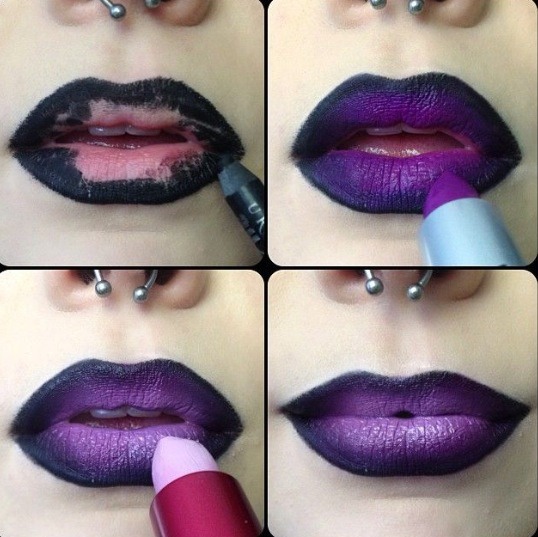 Black lipstick is quite a popular look at the moment but if you feel black is too bold for you try to add a splash of purple or red to break it up!