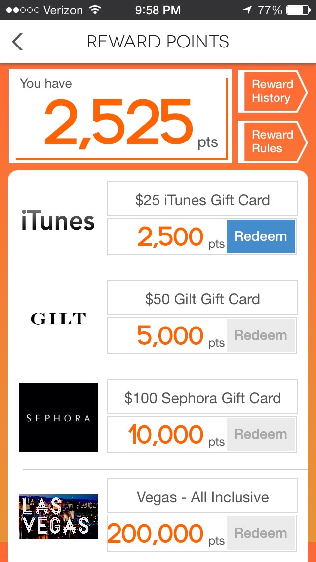 4. What rewards can I get? 
You can get $10 Amazon gift card for 1000 points or any of those rewards in the picture above!