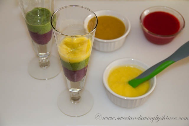 Add about 2 tablespoons of each juice in a talk glass