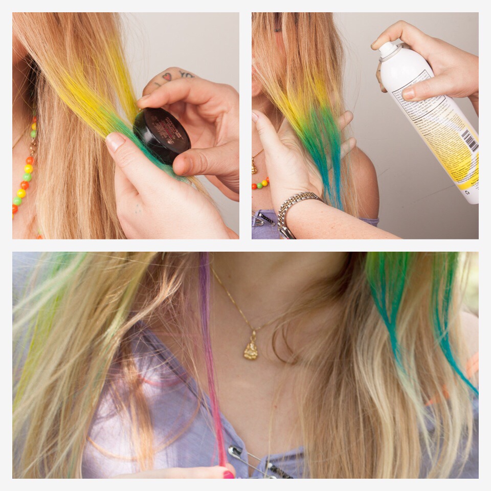 -> Step 3 -> Repeat with a second color, slightly overlapping the first
-> Step 4 -> Spray the strand liberally with hairspray and let dry
-> Step 5 -> Repeat on as many strands as you like, using any color combination