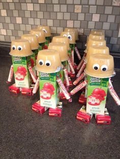 Apple sauce, apple(any juice box), raisin box, smarties, and googly eyes