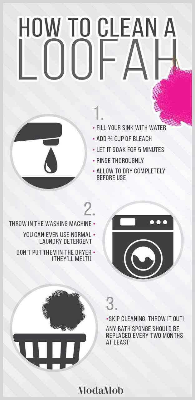 13. Get rid of scum on your loofah by tossing it in the washing machine — but not the dryer.