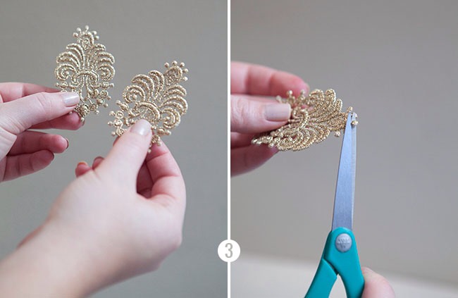 When turning the lace into earrings, some appliques might need a little snip here or there to better accomodate the space needed for the ear wire…