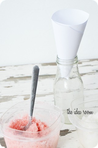 Mix 2 cups granulated sugar and1/4 cup coconut oil in a bowl and two drops of peppermint extract.divide into 2 bowls and add red food colouring to one of the bowls.