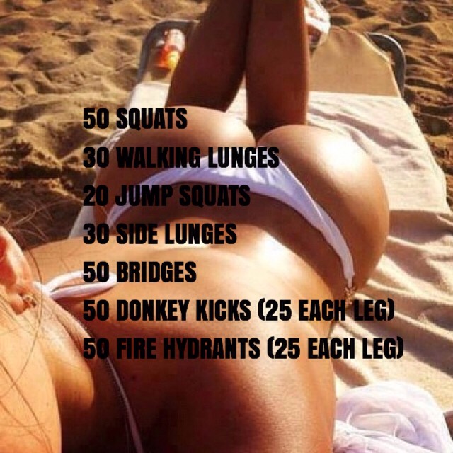 50 squats/30 walking lunges/20 jump squats/30 side lunges/50 bridges/50 donkey kicks(25 each leg) 50 fire hydrants(25 each leg) 
