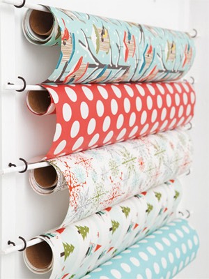 Cup hooks holding the dowels make it easy to switch out paper seasonally or when a roll is finished.