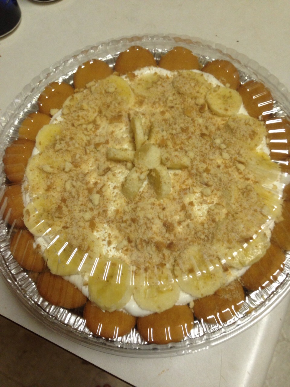 Mix up some banana cream pudding with the pis filling directions. Put wafers around the edge of the pie. Top with whip cream and garnish with more banana slices and left over pie crust crumbs. Freeze to get it a little firm and serve fresh. 

Taste great made sugar free too!