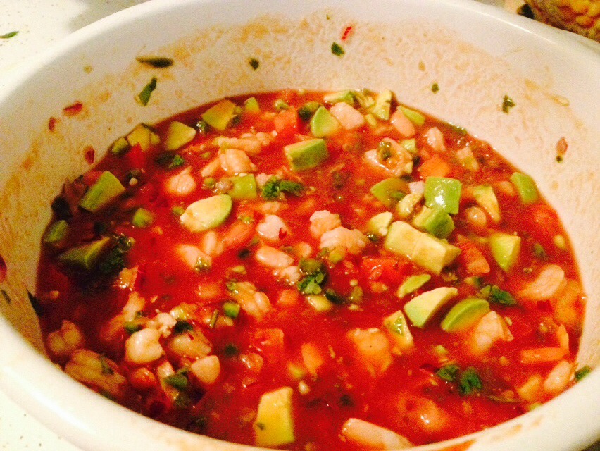 Then dice up the tomatoes and avocado and add to the shrimp steer and its ready to eat. You can put it in the fridge for 30 minutes to get it colder if you like