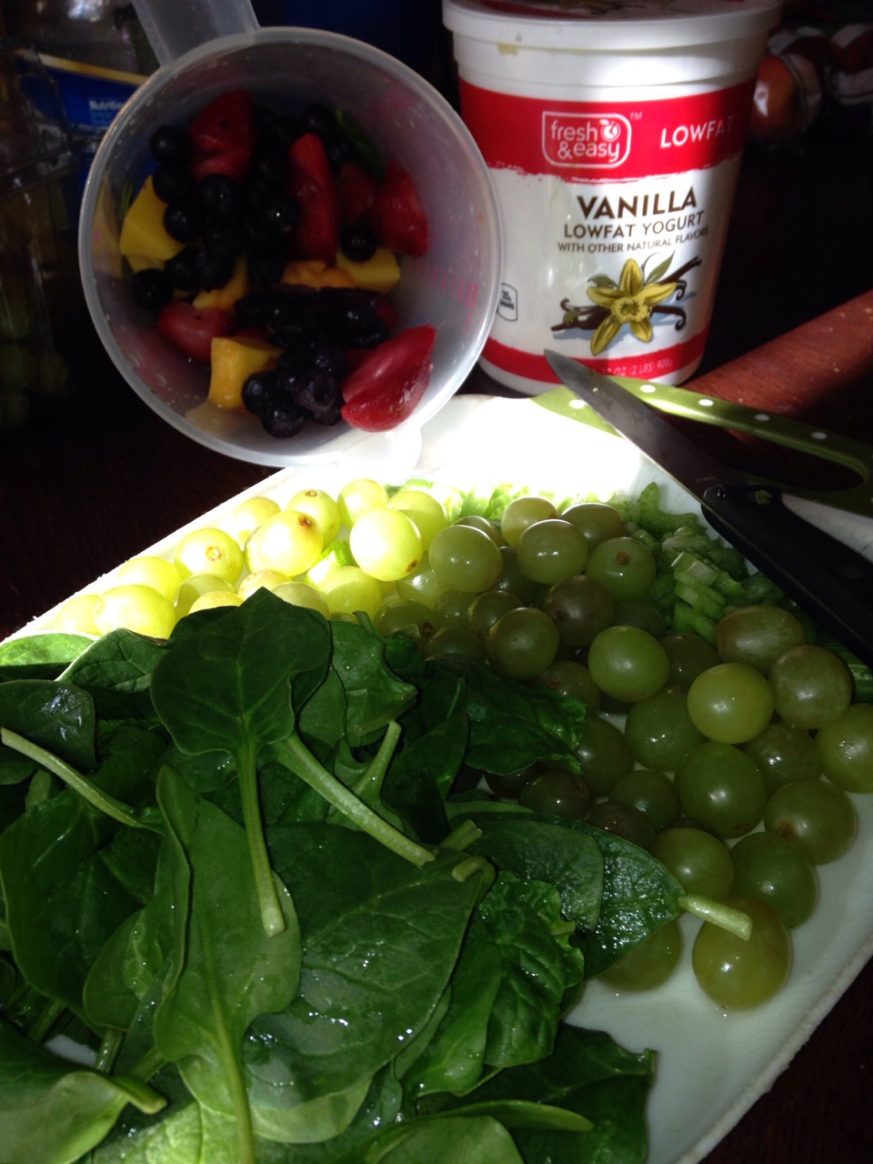 Mixed FROZEN fruits/ fresh fruits (green) & vanilla yogurt.