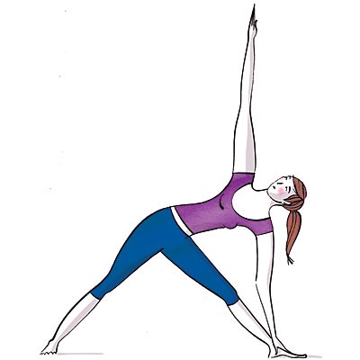 left hand on lower leg and reach right hand straight up from shoulder. Hold, return to start, repeat on other side.