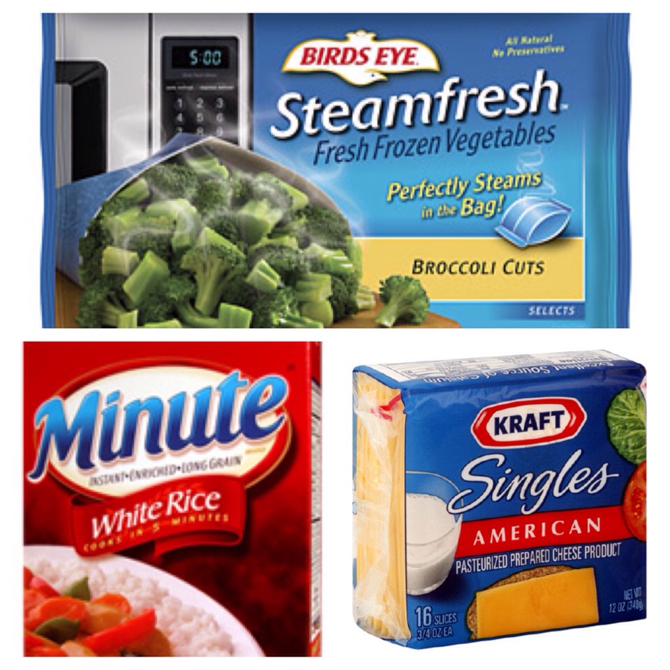 Ingredients: 
Steamfresh Broccoli cuts
Minute rice or other boil in bag rice
Kraft sliced cheese
Prepare broccoli and rice according to directions on package.