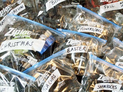 My drawer full of cookie cutters drives me nuts! Sometimes I end up having to take out every last one before I find the one I’m looking for!  Simply put similar cookie cutters together in labeled plastic zipper bags and stack them on top of each other. Now all you have to do is grab the right bag 