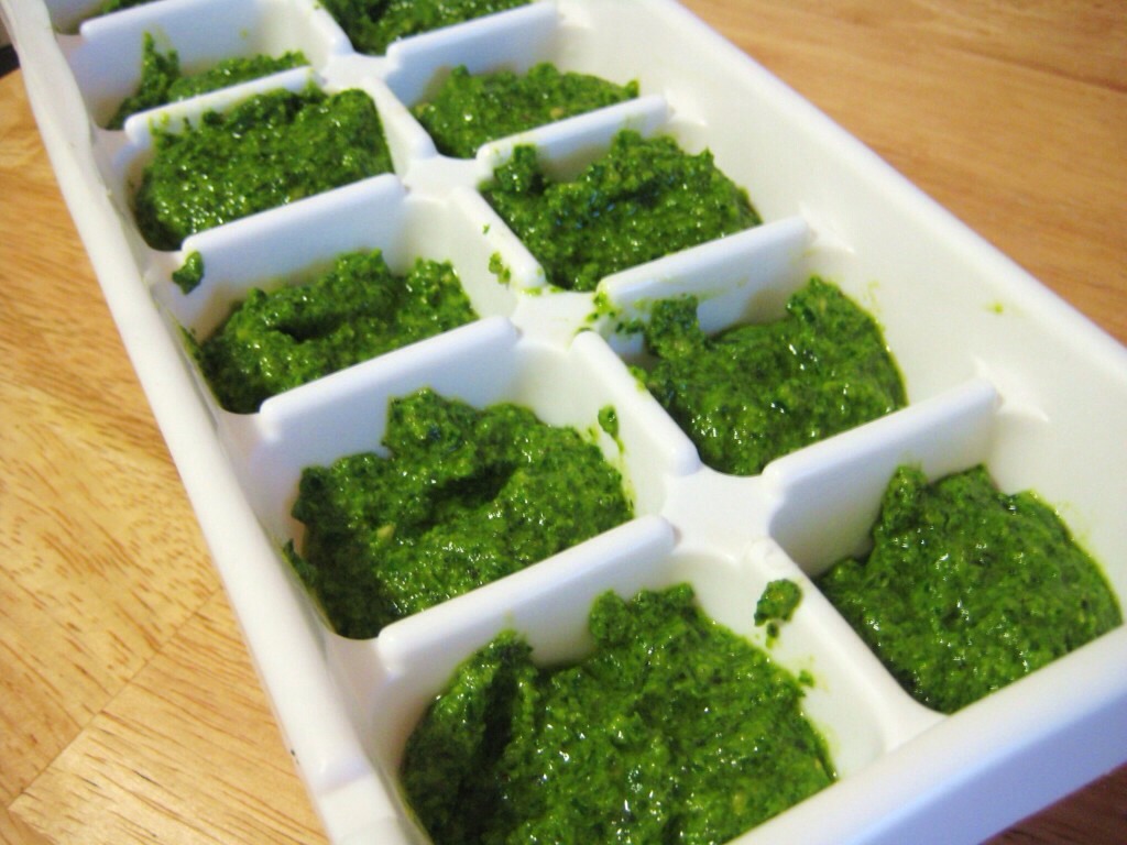 You can freeze portions of pesto in an ice cube tray!!