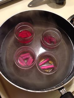 On a heat safe container add 1 tablespoon of coconut oil along with the whole Crayon. You can play with how much coconut oil you want to add but I prefer 1 tablespoon. Let it melt over the double boiler, pour it in a container and let harden 