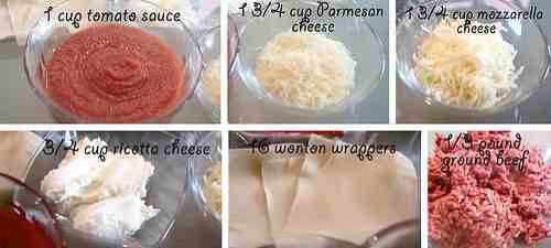 Ingredients for lasagna:

- 1/3 pound ground beef
- Salt / pepper (to taste)
- 16 wonton wrappers (all depends on the mold and how many want to do)
- 1 3/4 cup Parmesan cheese
- 1 3/4 cup mozzarella cheese
- 3/4 cup ricotta cheese
- 1 cup tomato sauce

