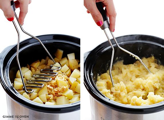 Then mash it all up.  You can either do this by hand with a potato mixer, or use a handheld electric mixer.  I prefer mine to be slightly chunky, so I do it by hand.  (Also, heads up, if you use the electric mixer be very careful not to over-beat the potatoes.)