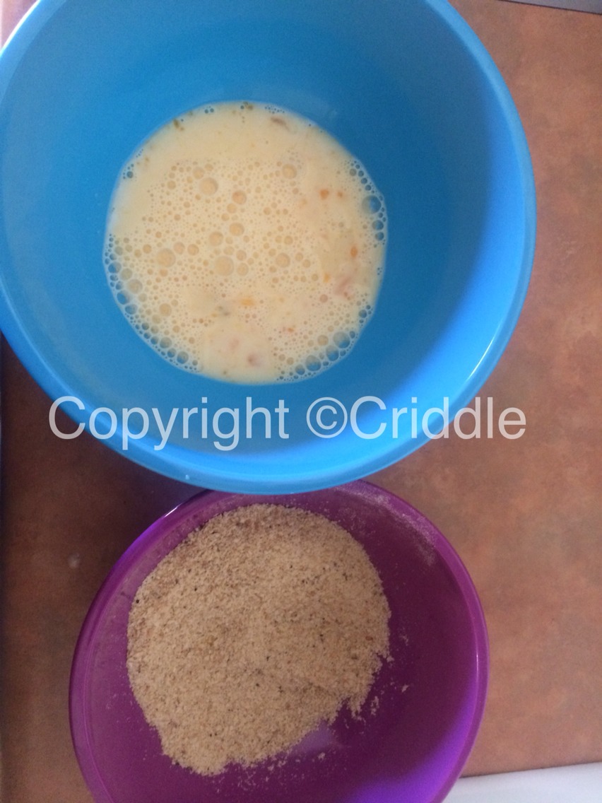 Lightly whisked egg and a dash of milk.
Bread crumbs salt pepper and I added some season all for a little extra flavour