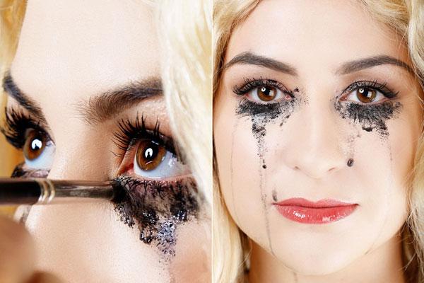 13. Make Mascara run by adding Water:- Tap a wet makeup brush onto the mascara smudges to create blackened tears. The more water you can load up onto the brush, the better.