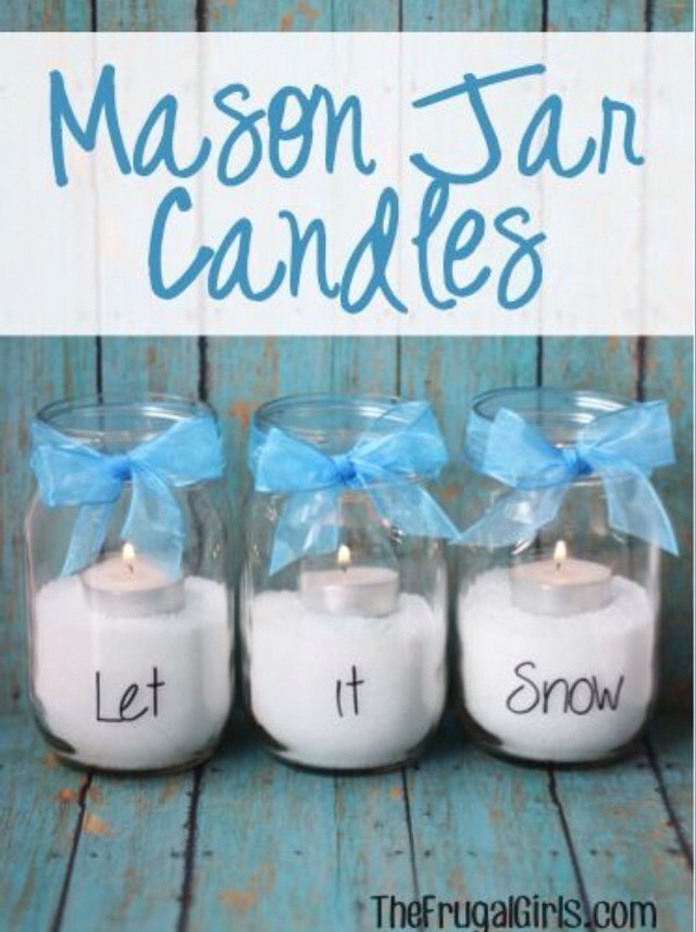 Get mason jars, fill halfway with white fake snow, place candle inside of jar. On the outside, use stickers to write the words. Tie with a ribbon.