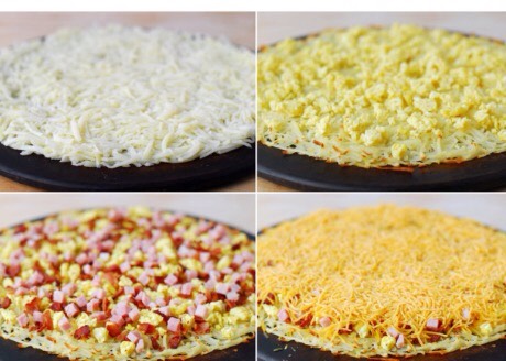 Breakfast pizza with hash brown crust
