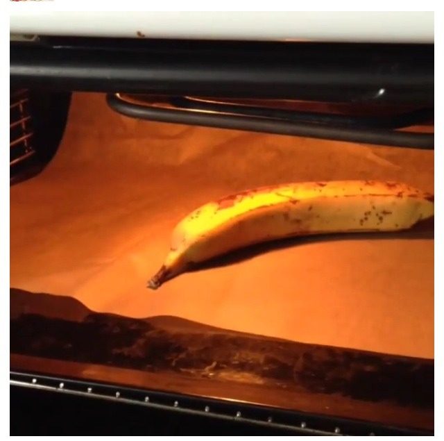 To start, you want to preheat your oven to 370 degrees Fahrenheit. Once your oven is heated, place your banana on a cookie sheet and bake for 15 minutes!