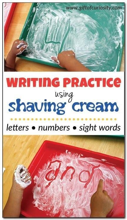 Shaving cream writing practice:

https://www.pinterest.com/pin/519954719460041264/