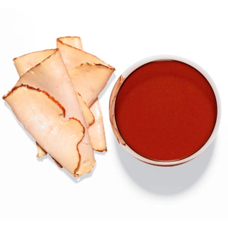 1 C VEGETABLE JUICE, SUCH AS V8, AND 2 OZ OSCAR MAYER OVEN-ROASTED TURKEY BREAST
An antioxidant and protein-rich hunger-buster.
