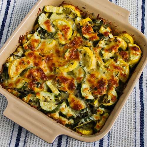 After a slight burn on everything, put the mushrooms, zucchini and squash into a casserole pan. Place aluminum foil over the top and put in the oven for an hour until it looks crisp. Then, serve!