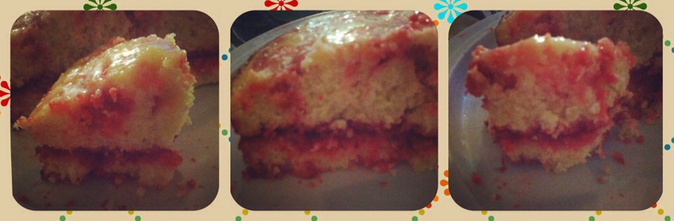 This is actually the one I made! I made two 8 inch round cakes and made it into a raspberry swirl layered cake using my grandmas homemade raspberry jelly! I put the jam in between the two cakes and topped it with a glaze and sprinkled a little powdered sugar over the top just because! 😊💗👍