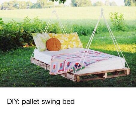 Got a tree in your garden? Make your own swing bed, get a pallet, an old or cheap mattress, some string, and swing away, lovely for a nice day in the sun with a cold drink swinging on your new outdoor bed!