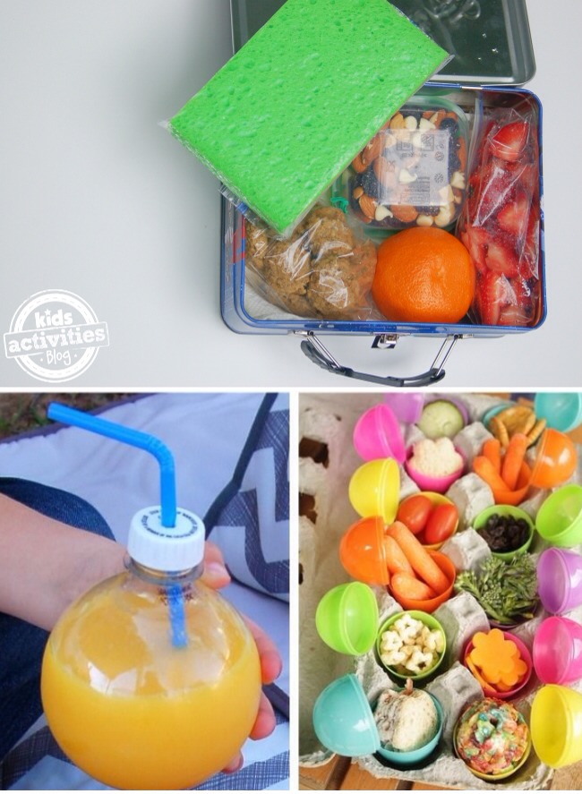 Dampen a sponge and put in a ziplock bag.  Freeze it and use as an ice pack

Poke a hole through juice cap to add a straw

Perfect portions using plastic eggs