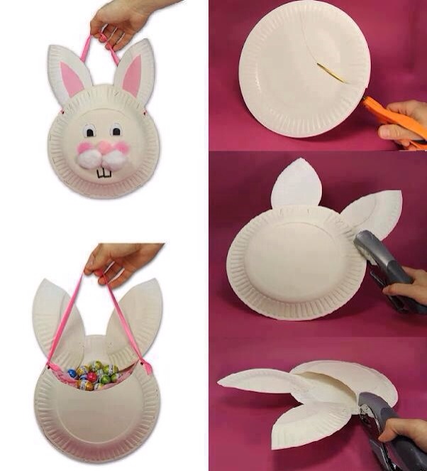 Rabbit piñata. 
Two paper plates attached. 
Create your own artistic design on front. 
Fill with sweets. 
Attach a string. 
Give it a good whack to empty. X

Enjoy 