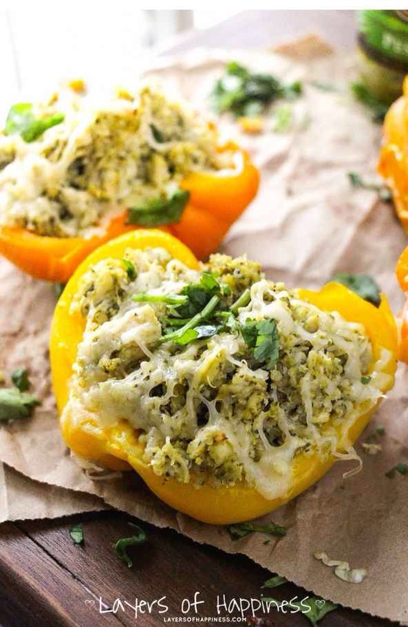 11. Pesto-Chicken Stuffed Peppers
Shredded chicken + bell peppers + mozzarella + quinoa + pesto. Get the recipe.
http://layersofhappiness.com/5-ingredient-pesto-chicken-stuffed-peppers/