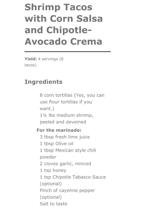 Shrimp Tacos With Corn Salsa And Chipotle Avocado Crema💚❤️
