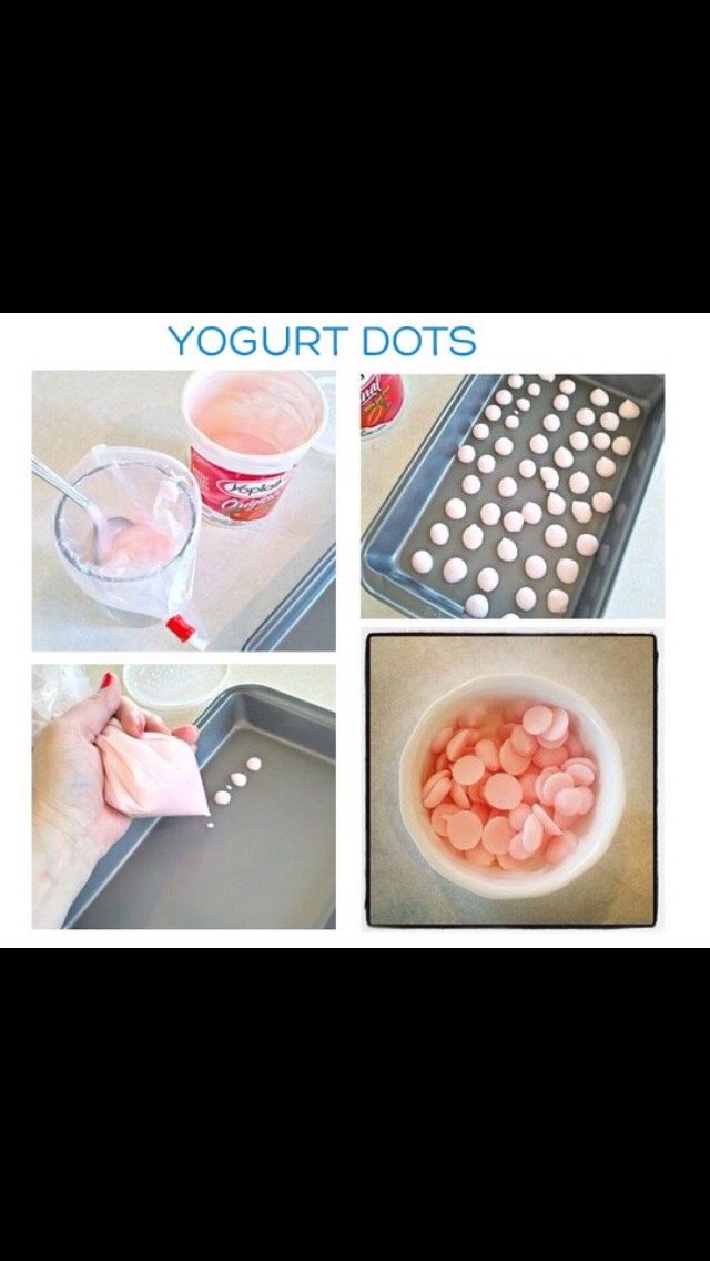 Squeeze dots of your favorite yogurt on a pan and then freeze them for about 60 minutes or until they are solid.
