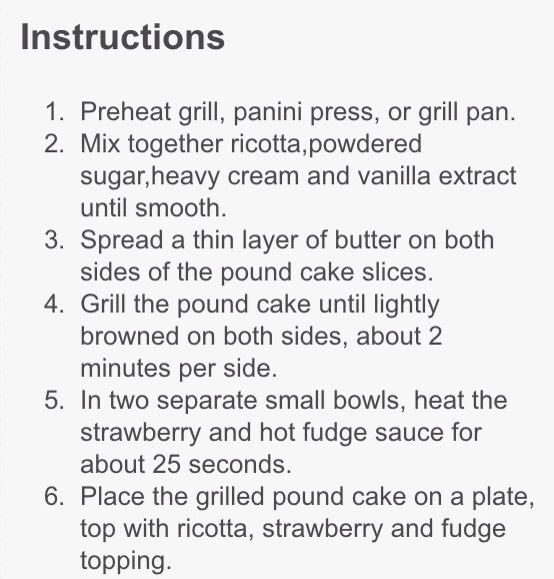 Grilled pound cake with strawberry sauce and ricotta cream 
