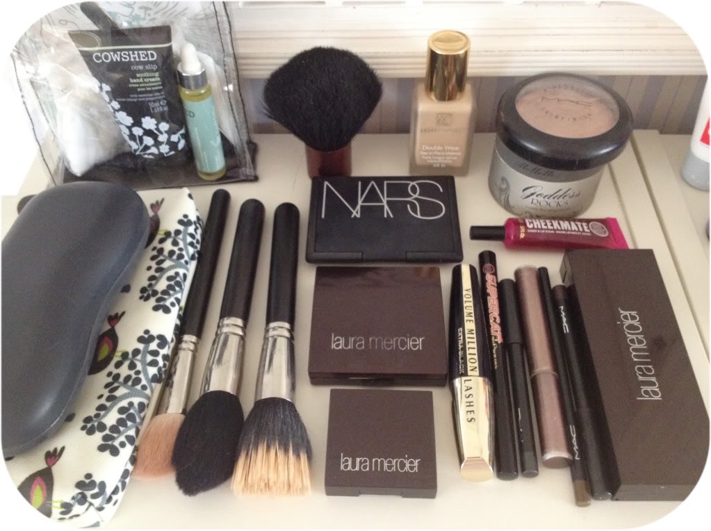 I always take makeup with me, especially powder, as powder is really useful if your foundation is coming off or you have oily skin. It's also handy to have a little bag to put all your make- up in.