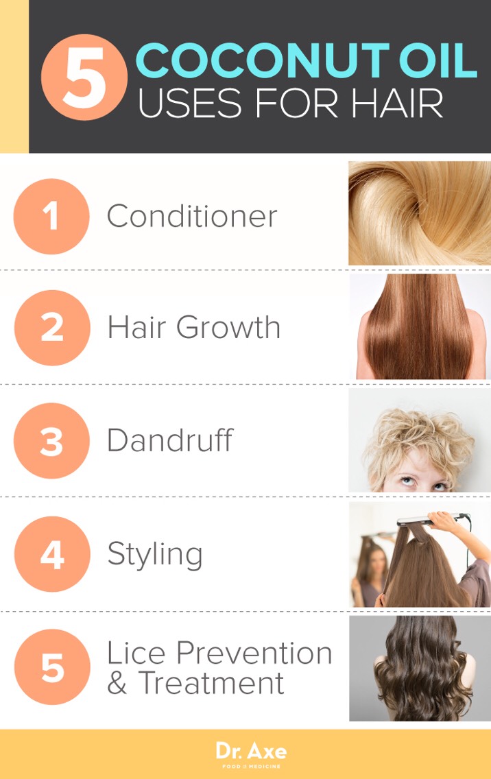 4. Hair Treatment. Coconut oil helps reduce protein loss when used as a pre or post treatment. Pre-treating your hair by adding a 1/2 tablespoon of coconut oil to the roots and work the oil down to the ends. Leave the coconut oil on for an hour before rinsing.