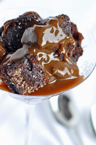 Chocolate bread pudding with bourbon sauce 