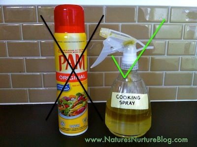 Make your own cooking spray -- without the nasty additives! One part olive oil to five parts water. Shake before each use! SIMPLE! ...well now i just feel silly for ever using PAM.