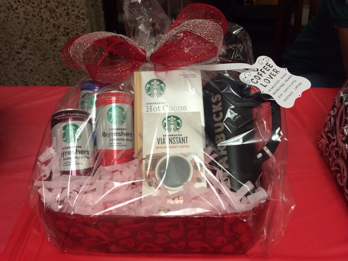 Coffee Starbucks lover basket
Instant coffee
Hot chocolate 
Refresher drinks
Travel mug