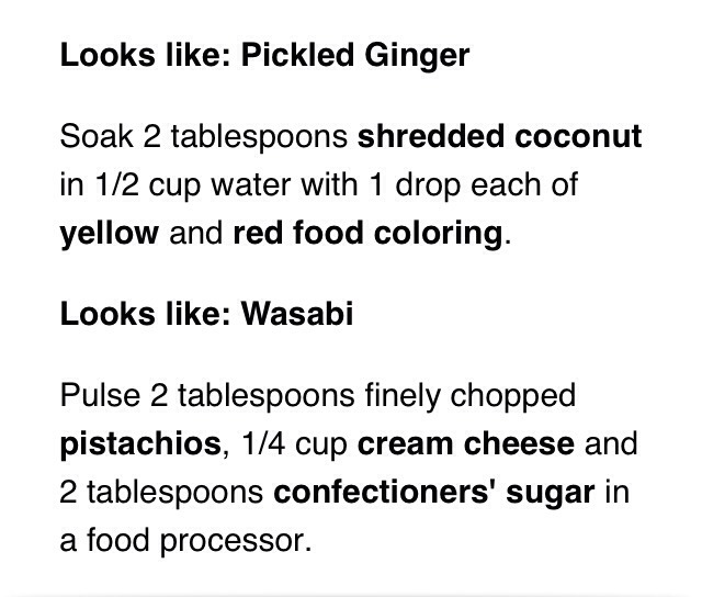 The ingredients are endless you can add candy and anything that would look like it could belong to sushi. To wrap the sweet sushi use fruit roll ups! 