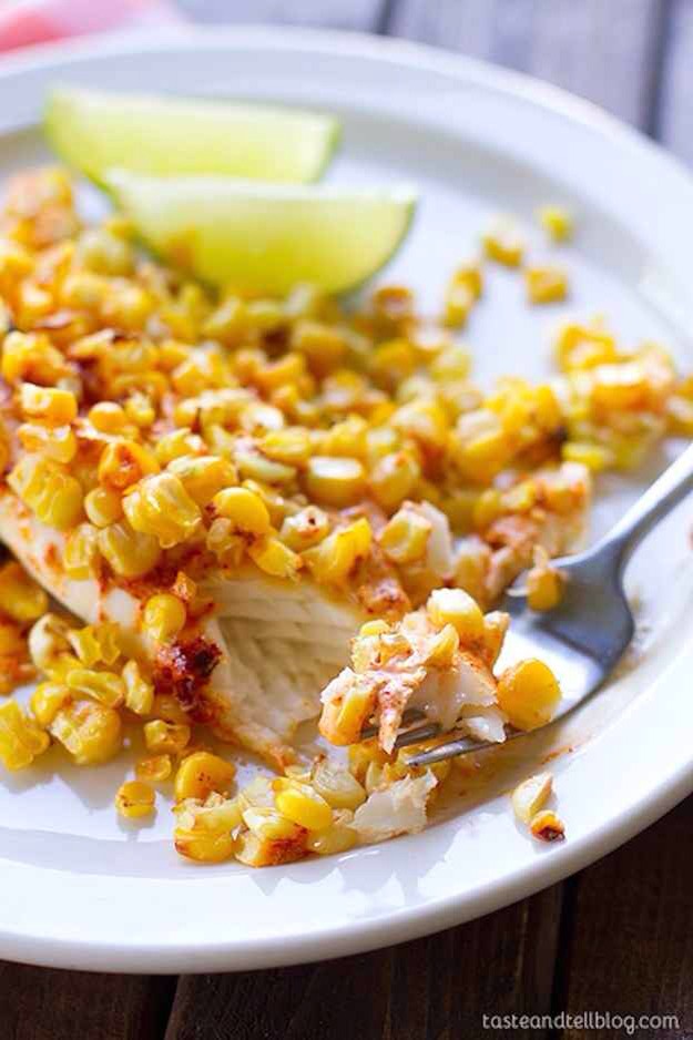 19. Tilapia with Roasted Corn
Tilapia + corn + chili powder + mayo + lime. Get the recipe.
http://www.tasteandtellblog.com/tilapia-with-roasted-corn/