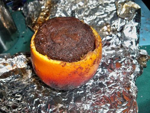 The cake bakes right in the oranges and is very moist with a tinge of orange flavor.