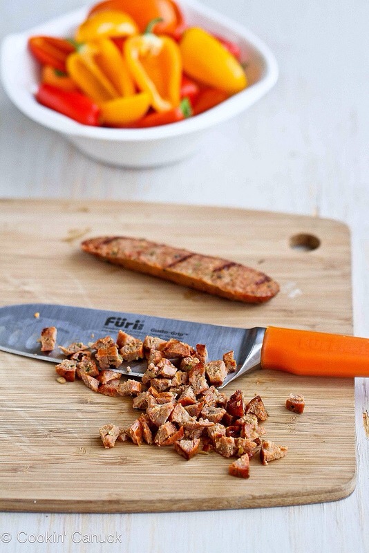 -> Preheat the grill to medium-high heat.
-> Grill the turkey sausage, about 4 minutes per side. Dice the sausage and place in a bowl.

