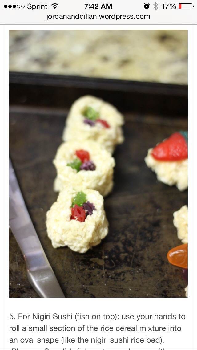 4. Wet knife with warm/hot water and slice the log into pieces. Then wrap each roll with a piece of fruit roll up, resembling seaweed wrap…or pink soy paper 